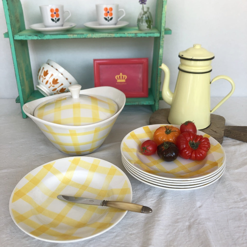 ムーランデルー Moulin des Loups チェック柄 イエロー スーピエール&スーププレートセット フランスアンティーク食器 ブロカント 蚤の市