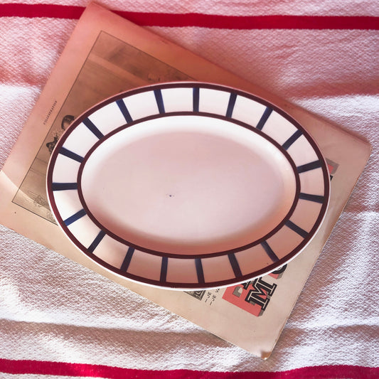 ご予約❤️クレイユモントロー HBCM Béarn バスク柄 オーバル皿 楕円形大皿「ボルドー・ダークブルー」フランスアンティーク・食器・皿・プレート ブロカント