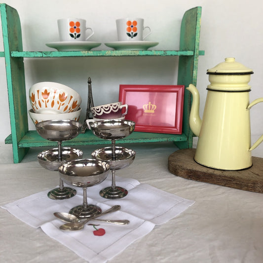 フランスアンティーク・ヴィンテージ アイスクリームカップ&スプーン5個セット フランスアンティーク食器 フランスブロカント 蚤の市