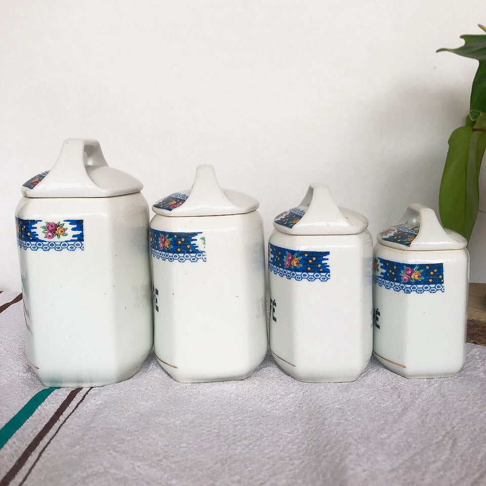 フランスアンティーク 陶器キャニスター ローズ柄ブルー 4点セット フランスアンティーク食器 ブロカント 蚤の市