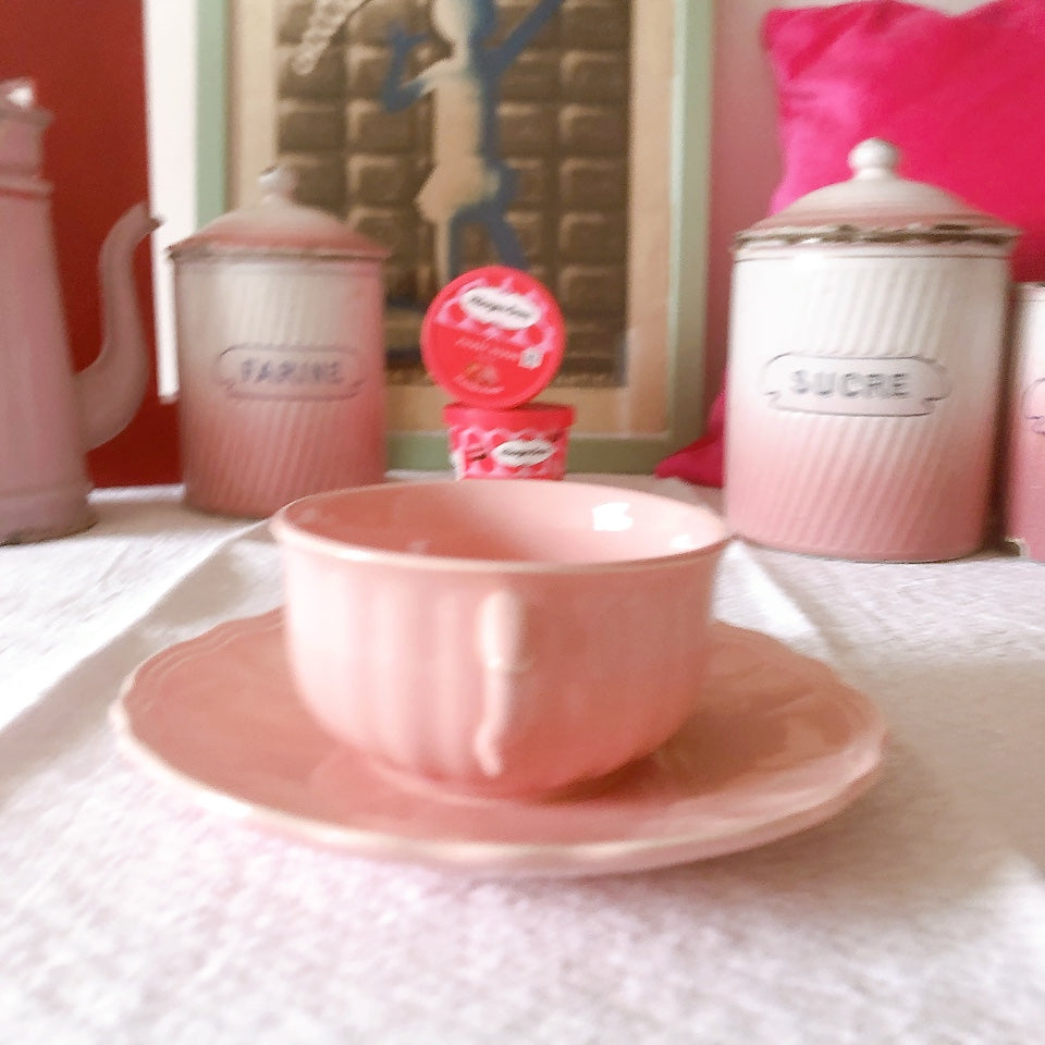 サラン SALINS 花リムカップ&ソーサー ピンク フランスアンティーク食器 フランス蚤の市・ブロカント