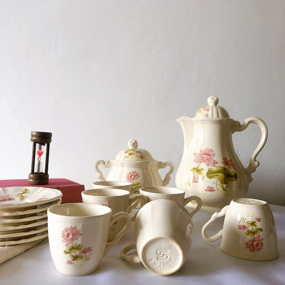 ディゴワンサルグミンヌ Digoin&sarreguemines Lotus ロチュス コーヒー/ティーポット&カップ&ソーサー フランスアンティーク食器 ブロカントアンティーク 蚤の市