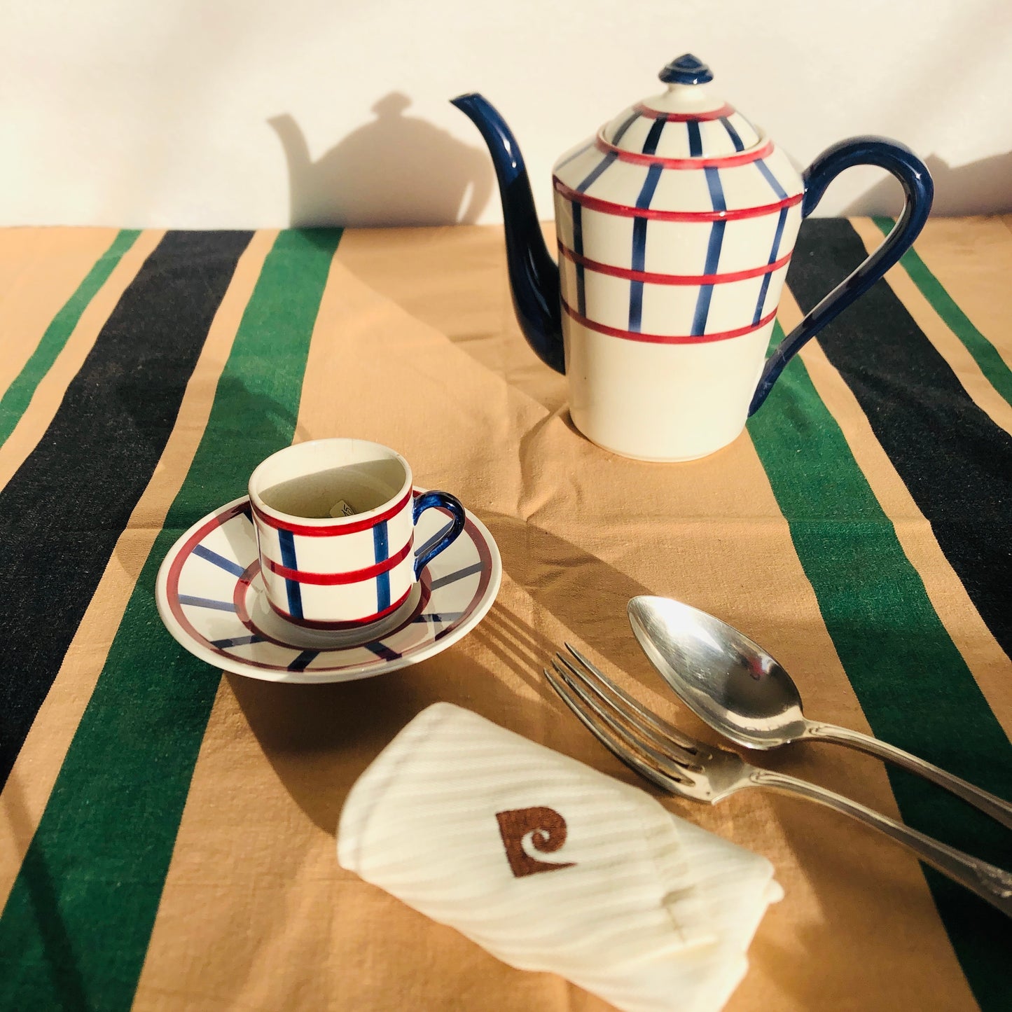 クレイユモントロー HBCM Béarn バスク柄 コーヒー/ティポット B「レッド・ブルー」フランスアンティーク食器 ブロカント 蚤の市 アンティーク食器 バスク柄アンティーク