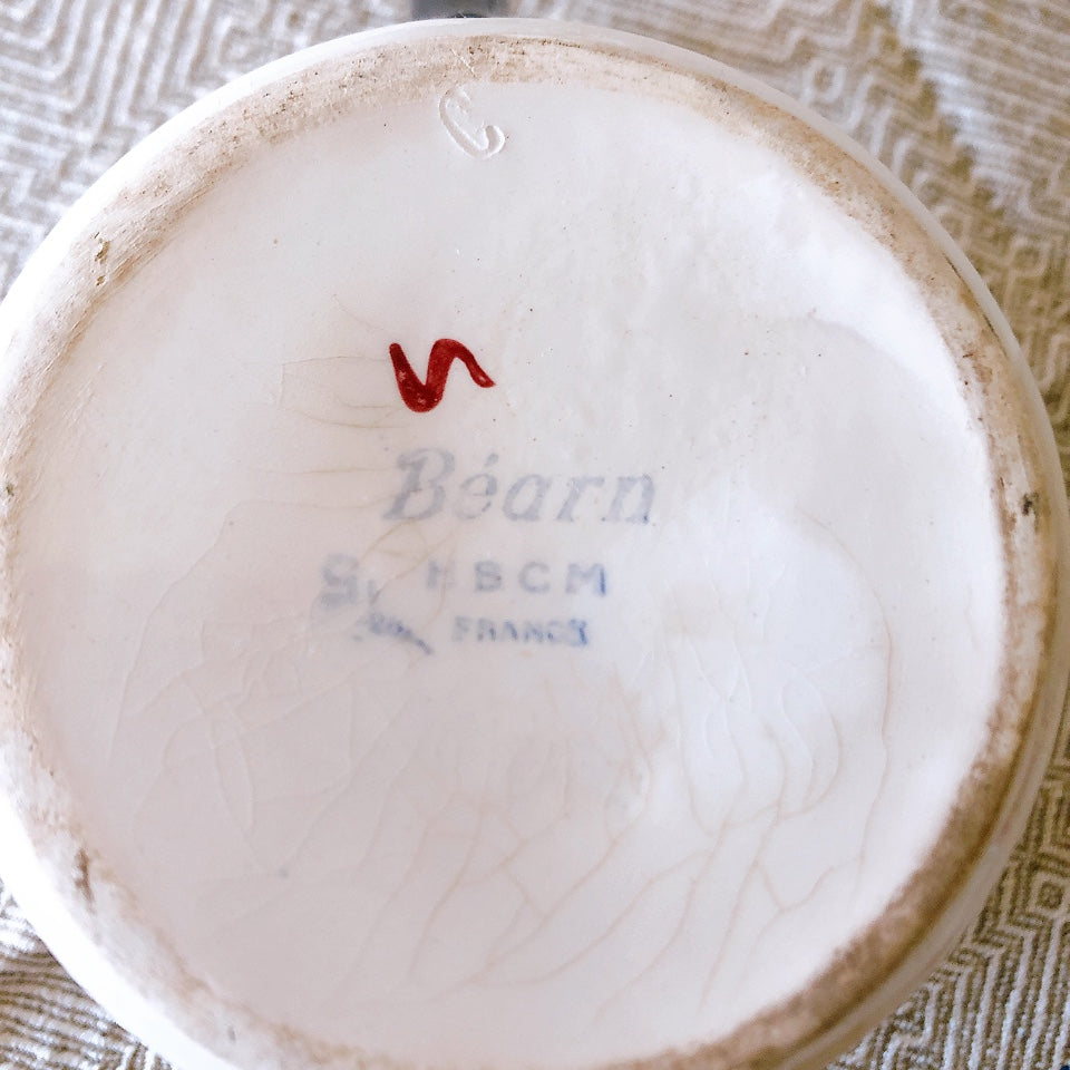 クレイユモントロー HBCM Béarn バスク柄 シュガーポット 蓋なし「レッドxブルー」フランスアンティーク食器 ブロカントアンティーク
