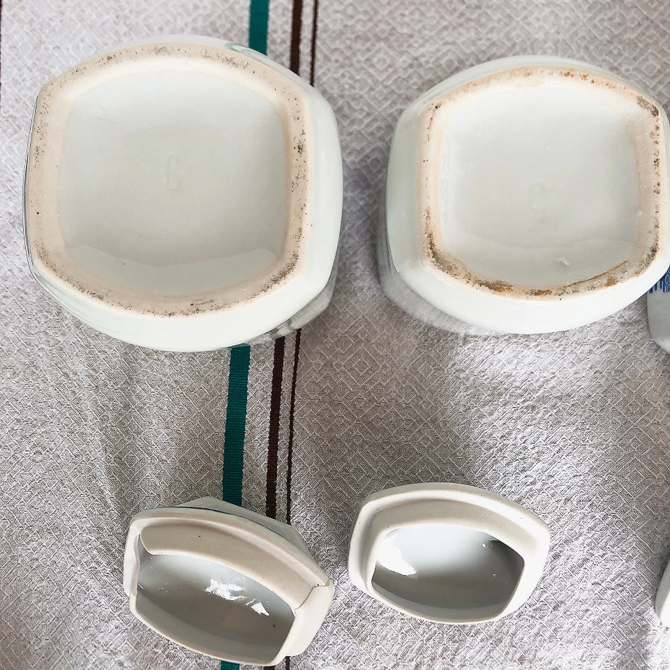 フランスアンティーク 陶器キャニスター ローズ柄ブルー 4点セット フランスアンティーク食器 ブロカント 蚤の市