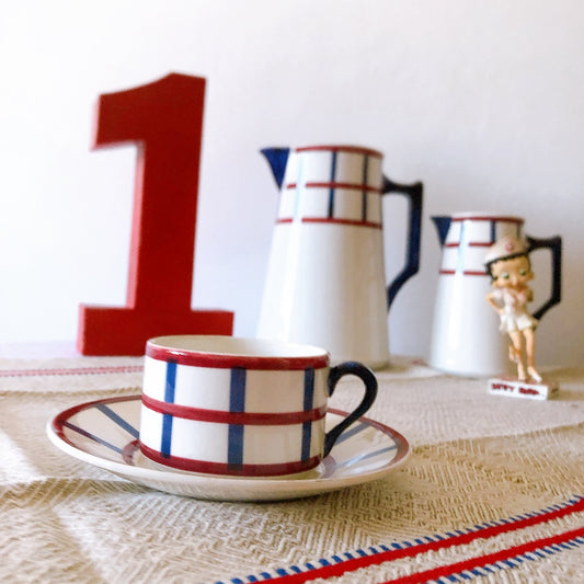 クレイユモントロー HBCM Béarn バスク柄 カップ&ソーサー「レッドーxブルー」B フランスアンティーク食器 ブロカントアンティーク 蚤の市