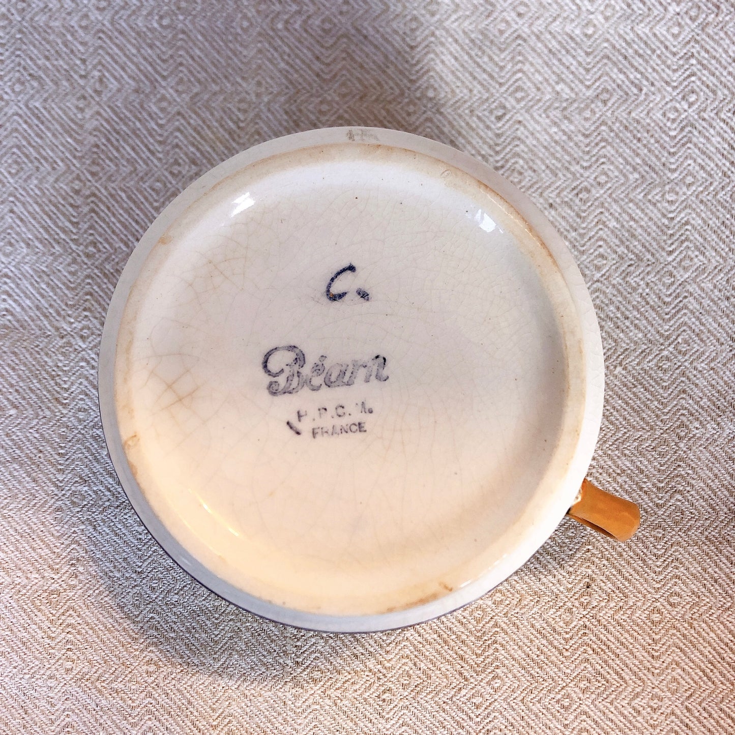 クレイユモントロー HBCM Béarn バスク柄カップ&ソーサー「イエローxブルー」 A フランスアンティーク食器 ブロカント バスク柄アンティーク