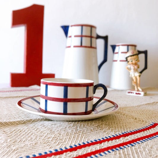 クレイユモントロー HBCM Béarn バスク柄 カップ&ソーサー「レッドーxブルー」A フランスアンティーク食器 ブロカントアンティーク 蚤の市