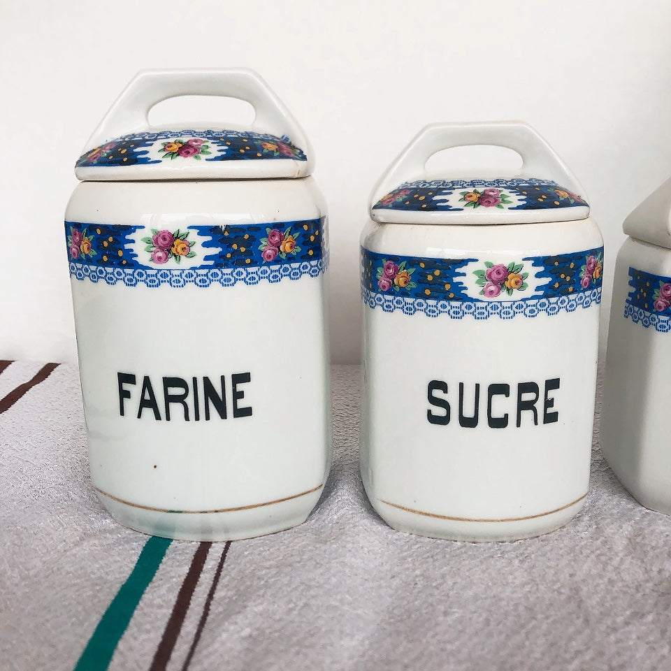 フランスアンティーク 陶器キャニスター ローズ柄ブルー 4点セット フランスアンティーク食器 ブロカント 蚤の市