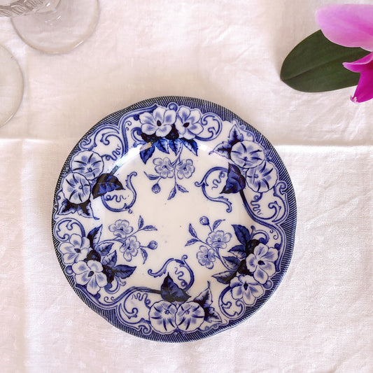 ご予約 フランスアンティーク クレイユモントロー 『フローラ』デザートプレート・平皿 D ブルー アンティーク食器 フランスブロカント・蚤の市