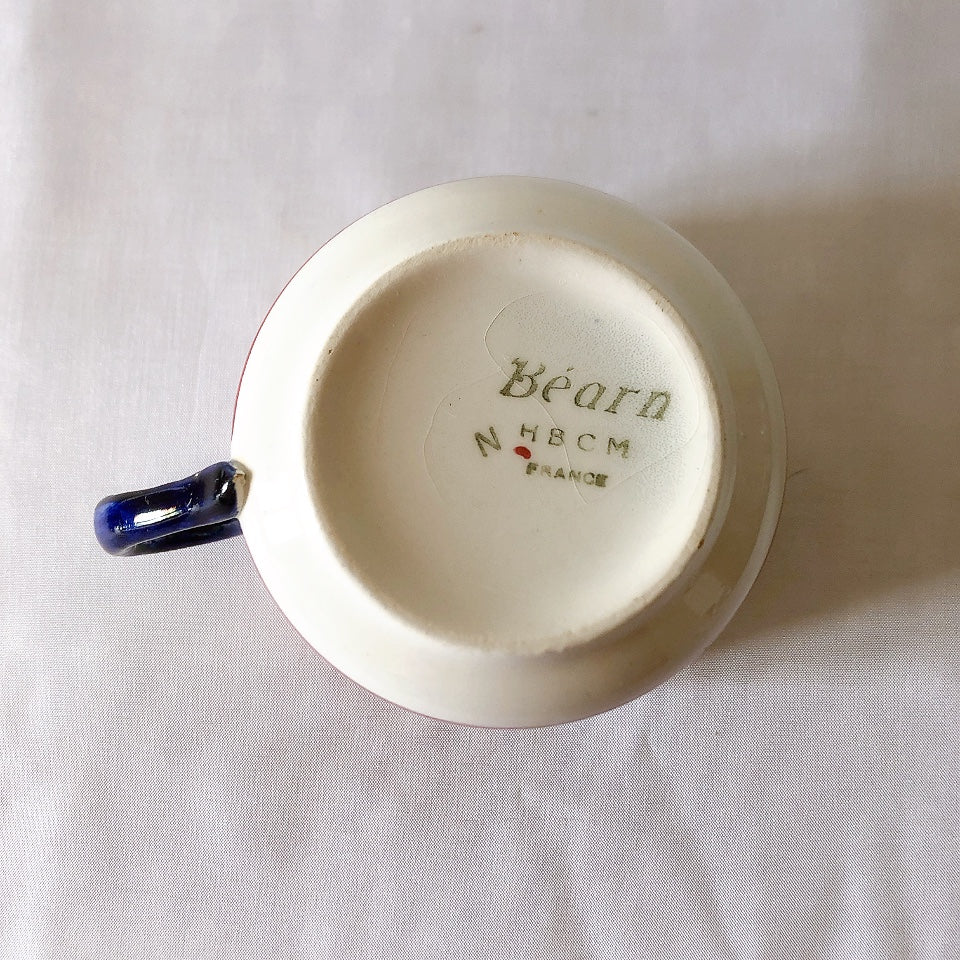 クレイユモントロー HBCM Béarn バスク柄カップ&ソーサー「レッドーxブルー」 フランスアンティーク食器 ブロカント バスク柄アンティーク