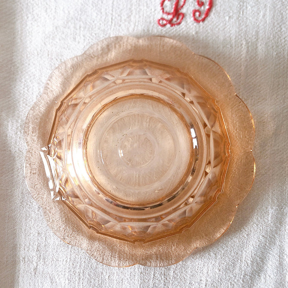フランス ヴェレコ社 花リムガラスボウル ピンク フランスアンティーク ビンテージ食器・皿・プレート ブロカント