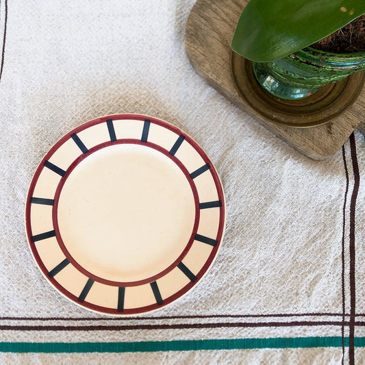 ご予約済 フランスアンティーク HBCM Béarn クレイユエモントロー バスク柄 デザートプレート 20.5㎝「レッドxダークブルー」A フランスアンティーク食器 ブロカント 蚤の市