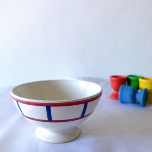 ご予約 クレイユモントロー HBCM Béarn バスク柄カフェオレボウル 赤x青 ランスアンティーク食器 ブロカント 蚤の市
