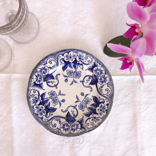 フランスアンティーク クレイユモントロー 『フローラ』デザートプレート・平皿 G ブルー アンティーク食器 フランスブロカント・蚤の市