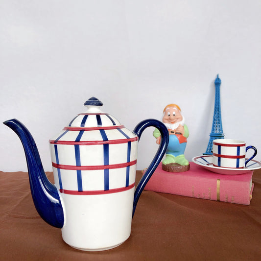 クレイユモントロー HBCM Béarn バスク柄 コーヒー/ティポット B「レッド・ブルー」フランスアンティーク食器 ブロカント 蚤の市 アンティーク食器 バスク柄アンティーク