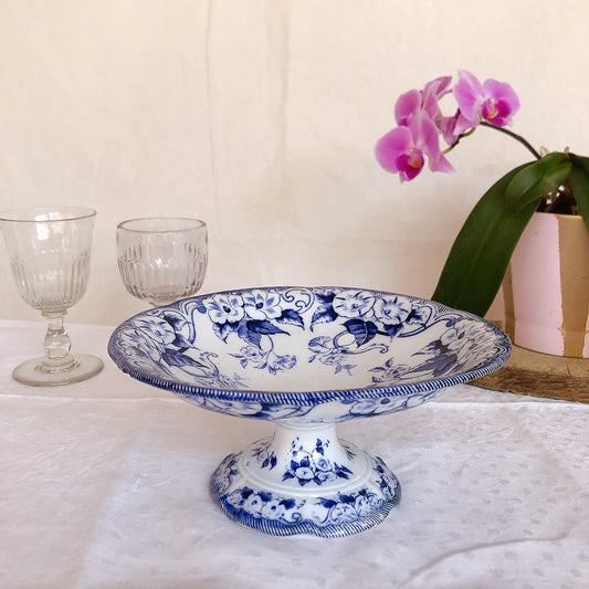 フランスアンティーク クレイユモントロー 『フローラ』コンポティエ コンポ―ト皿 ブルー アンティーク食器 フランスブロカント・蚤の市