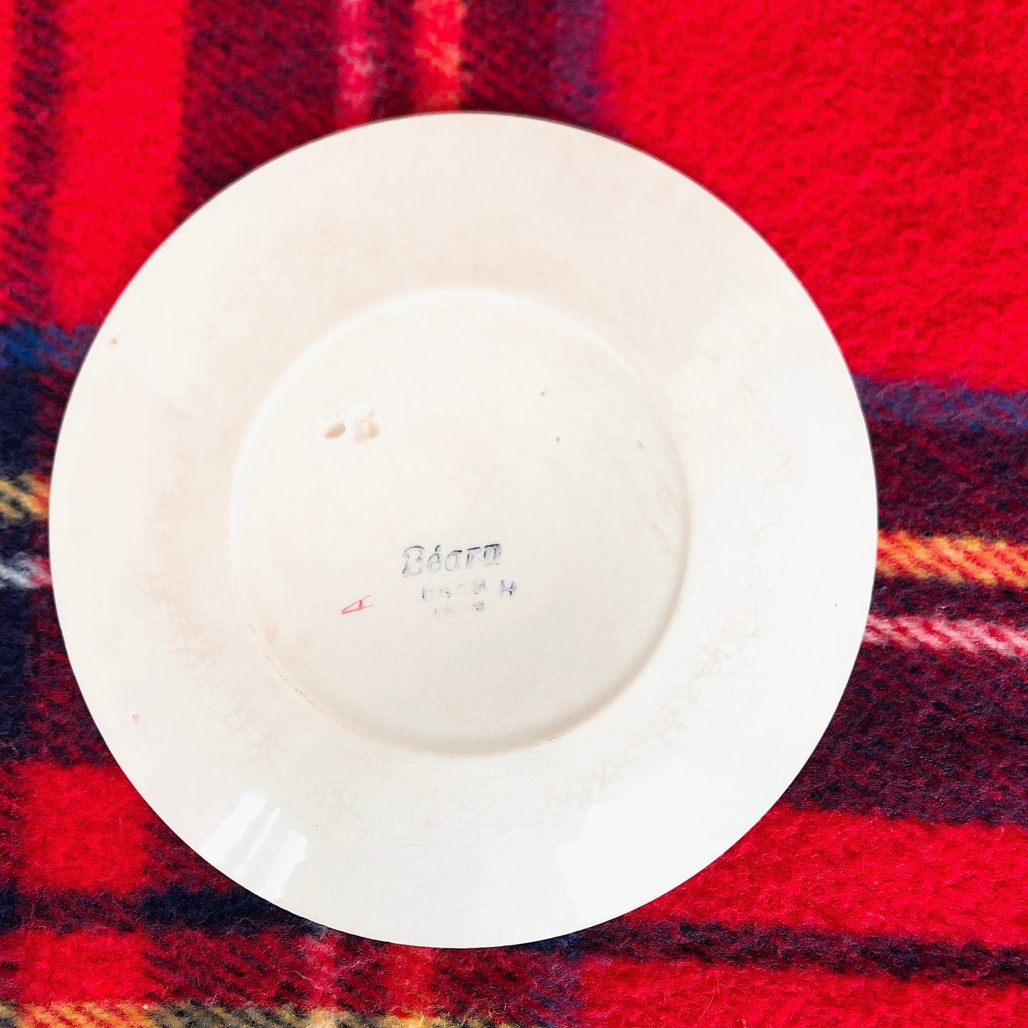クレイユモントロー HBCM Béarn バスク柄カップ&ソーサー「レッドーxブルー」 ショコラ用 フランスアンティーク食器 ブロカント バスク柄アンティーク