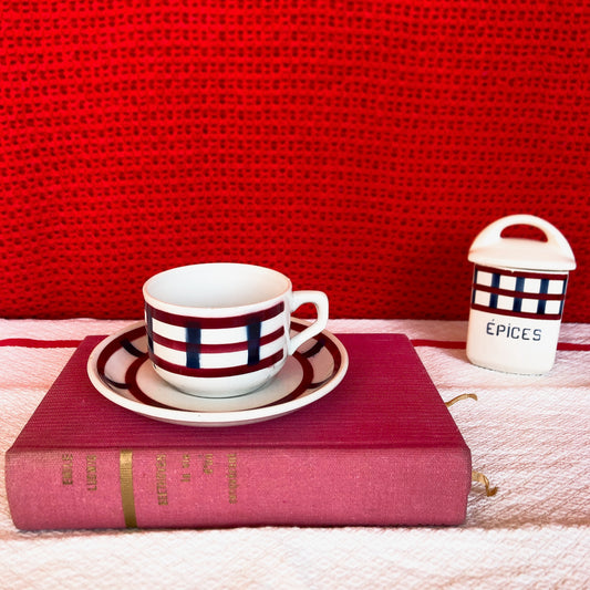 4点お纏め バドンヴィレー カップアンドソーサー バスク柄 『ルージュ・ブルー』D フランスアンティーク食器 バスク柄アンティーク 蚤の市