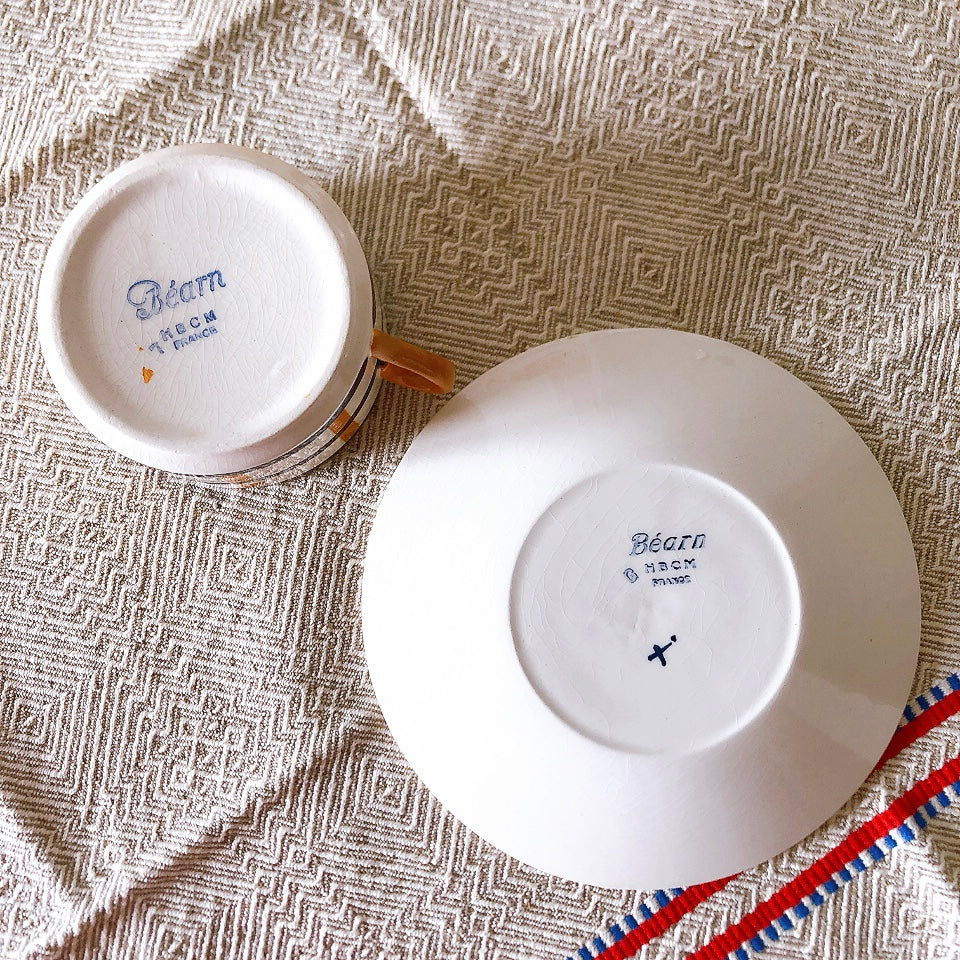 クレイユモントロー HBCM Béarn バスク柄 カップ&ソーサー「イエローxブルー」A フランスアンティーク食器 ブロカントアンティーク 蚤の市
