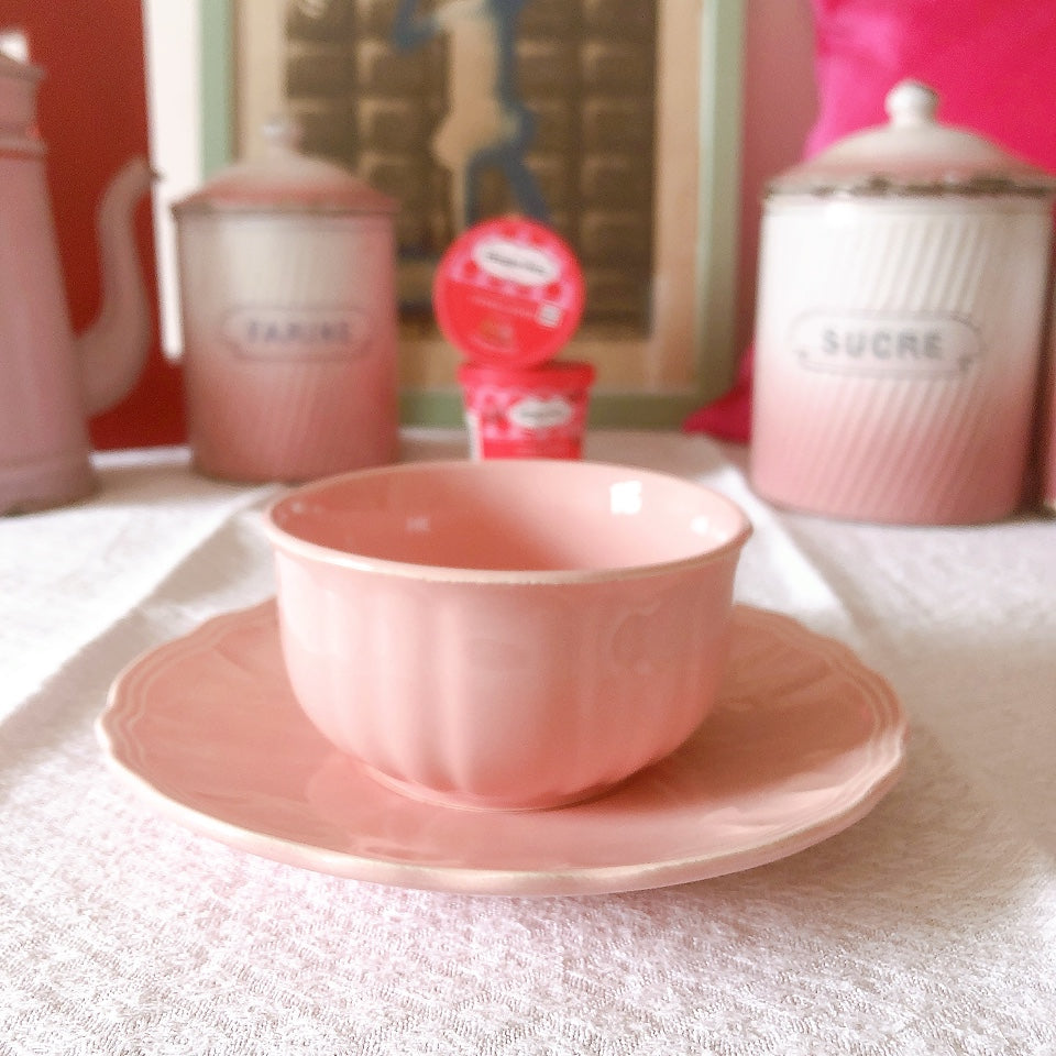 サラン SALINS 花リムカップ&ソーサー ピンク フランスアンティーク食器 フランス蚤の市・ブロカント