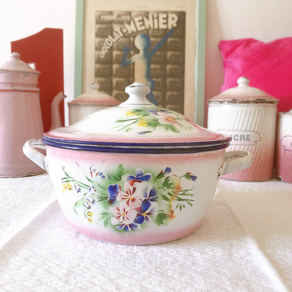 フランス　アンティーク　ホーロー キャセロール　パンジー　薔薇　JAPY ローズ フランス アンティーク ホーロー キャセロール パンジー 薔薇