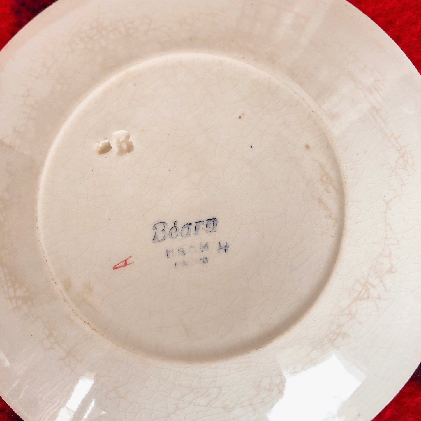 クレイユモントロー HBCM Béarn バスク柄カップ&ソーサー「レッドーxブルー」 ショコラ用 フランスアンティーク食器 ブロカント バスク柄アンティーク
