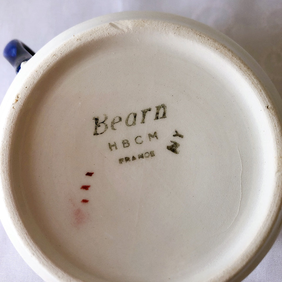 ご予約クレイユモントロー HBCM Béarn バスク柄 カップ&ソーサー「レッドーxブルー」a フランスアンティーク・食器・皿・プレート ブロカント