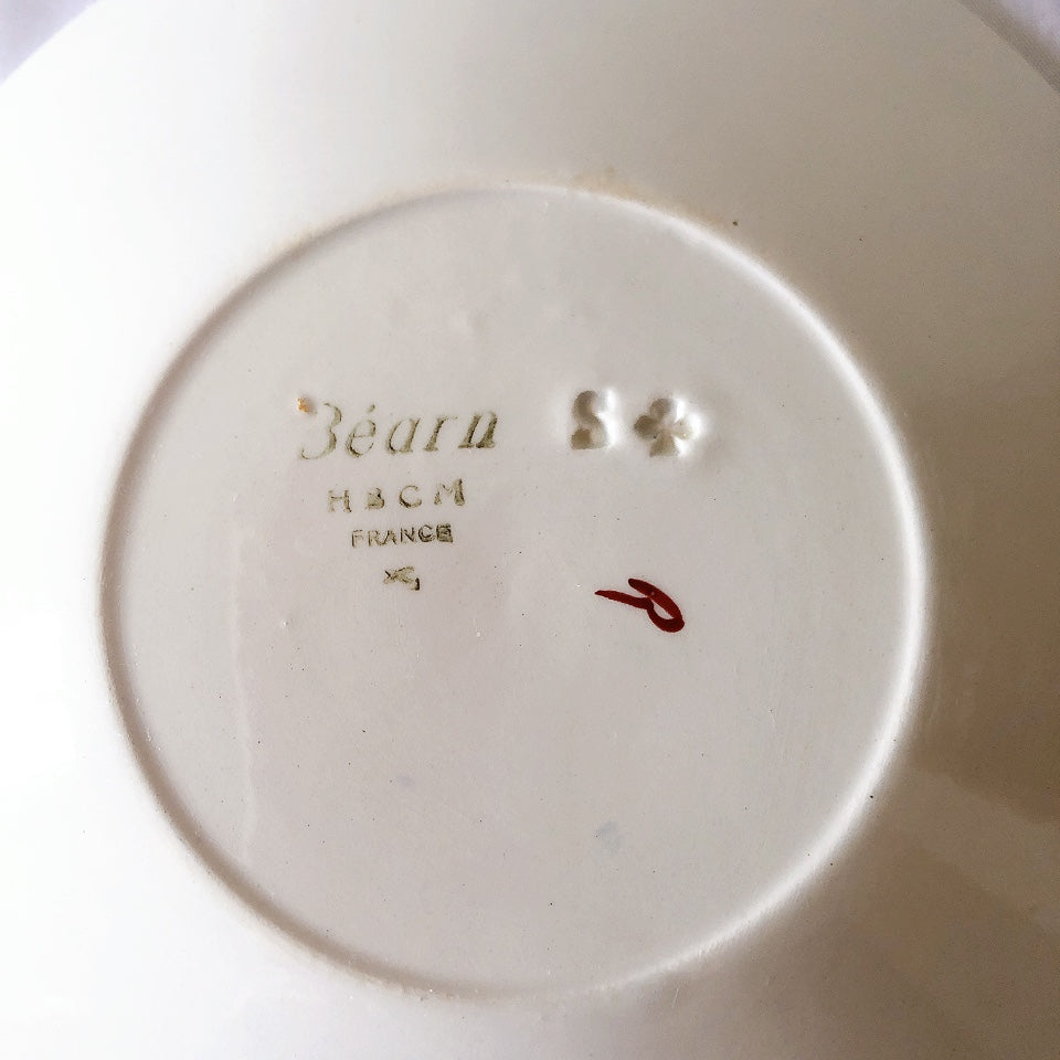 ご予約クレイユモントロー HBCM Béarn バスク柄 カップ&ソーサー「レッドーxブルー」a フランスアンティーク・食器・皿・プレート ブロカント