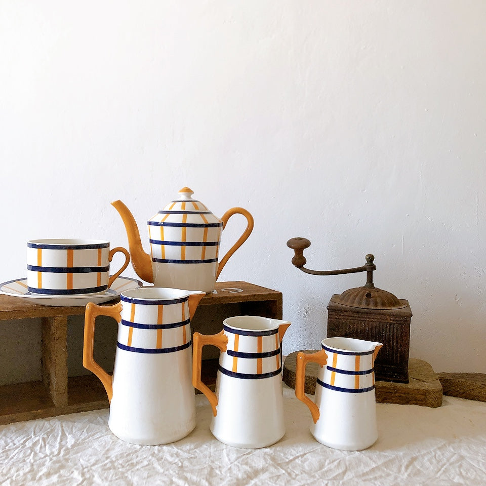 クレイユモントロー HBCM Béarn バスク柄ピシェ ピッチャー ミルクポット 100ML「オレンジ&ブルー」 フランスアンティーク食器 バスク柄プレート ブロカント 蚤の市