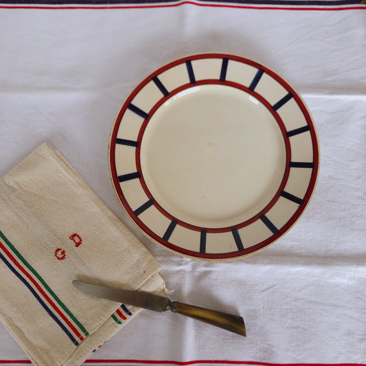 フランスアンティーク HBCM Béarn クレイユエモントロー バスク柄 ディナープレート 23㎝「レッドxダークブルー」a フランスアンティーク食器 ブロカント 蚤の市