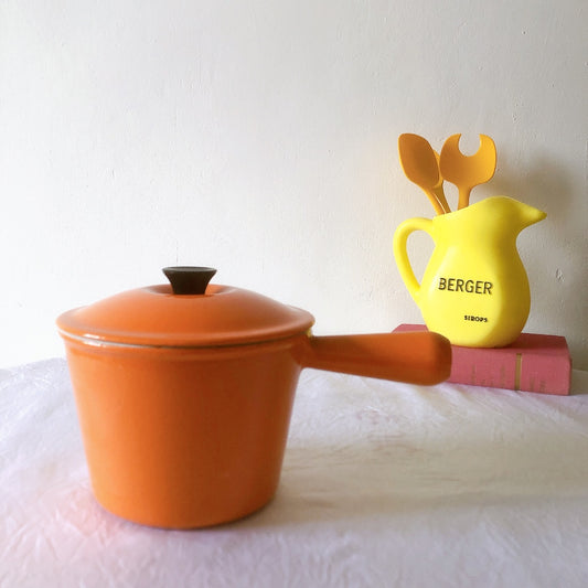 フランス ルクルーゼ ヴィンテージ フォンデュ鍋 片手鍋蓋つき オレンジ フランスアンティーク ブロカント 蚤の市