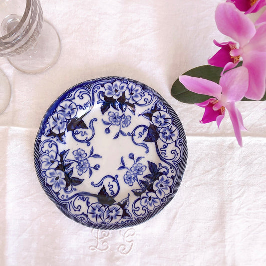 フランスアンティーク クレイユモントロー 『フローラ』デザートプレート・平皿 F ブルー アンティーク食器 フランスブロカント・蚤の市