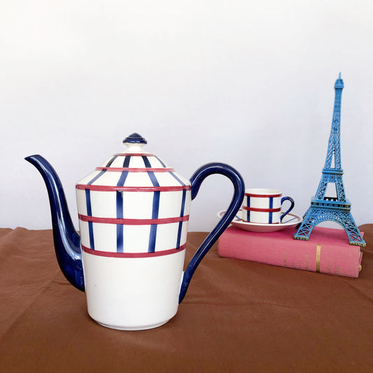 『ご予約 バスク柄セット』10月分 クレイユモントロー HBCM Béarn バスク柄 コーヒー/ティポット A「レッド・ブルー」他バスク柄食器セット フランスアンティーク食器 ブロカント 蚤の市 アンティーク食器 バスク柄アンティーク