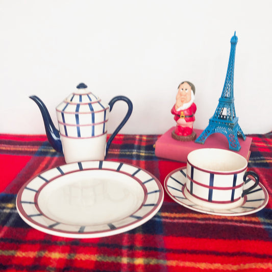 クレイユモントロー HBCM Béarn バスク柄 コーヒー/ティポット「ボルドー・ダークブルー」その他3点セット フランスアンティーク ブロカント 蚤の市