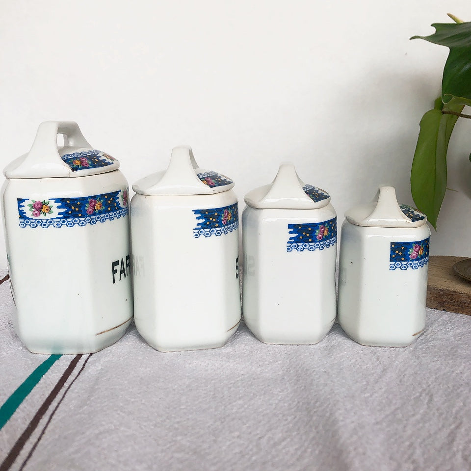 フランスアンティーク 陶器キャニスター ローズ柄ブルー 4点セット フランスアンティーク食器 ブロカント 蚤の市