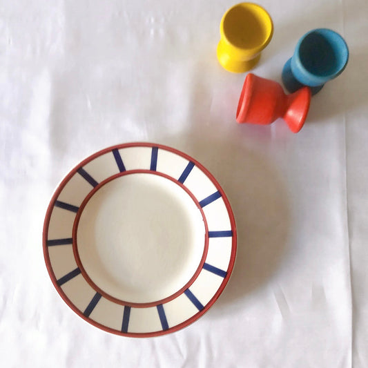 フランスアンティーク HBCM Béarn クレイユエモントロー バスク柄デザートプレート 18.3cm レッドxブルー フランスアンティーク食器 ブロカント 蚤の市