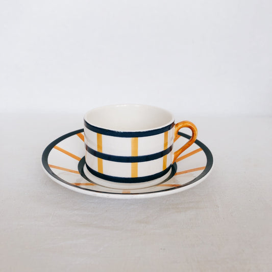 ご予約 クレイユモントロー HBCM Béarn バスク柄 カップ&ソーサー「イエローxブルー」A フランスアンティーク・食器・皿・プレート ブロカント