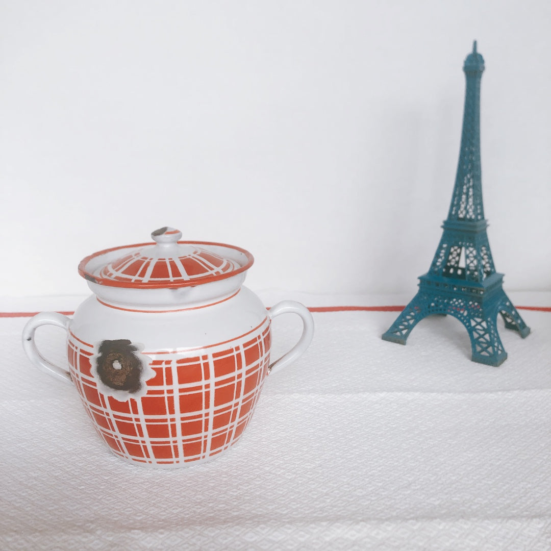 フランスBB社 アンティーク ホーロー シュガーポット 赤チェック フランスビンテージ雑貨 ブロカント 蚤の市