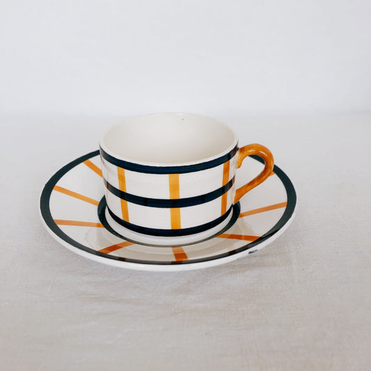 ご予約 クレイユモントロー HBCM Béarn バスク柄 カップ&ソーサー「イエローxブルー」B フランスアンティーク・食器・皿・プレート ブロカント