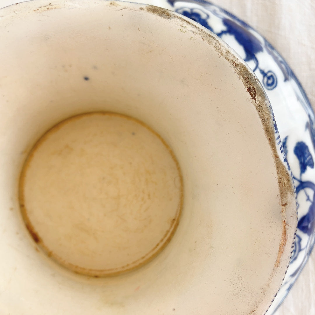 フランスアンティーククレイユモントロー サラディエ コンポティエ コンポ―ト皿『フローラ』ブルー アンティーク食器 フランスブロカント・蚤の市
