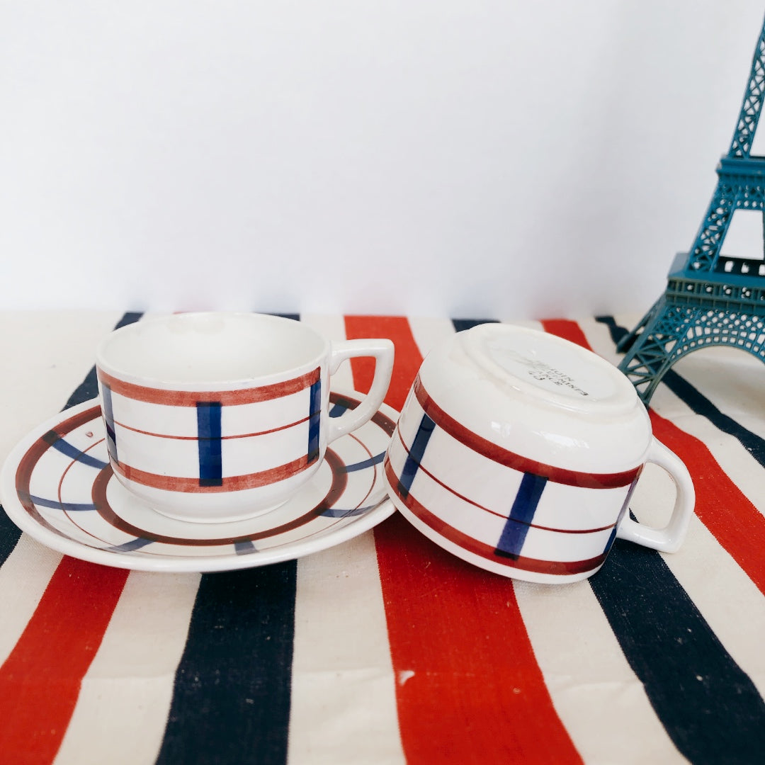 ディゴワンサルグミンヌ カップ&ソーサー A バスク柄 FANDANGO『ルージュ・マリン』フランスアンティーク食器 フランス 蚤の市