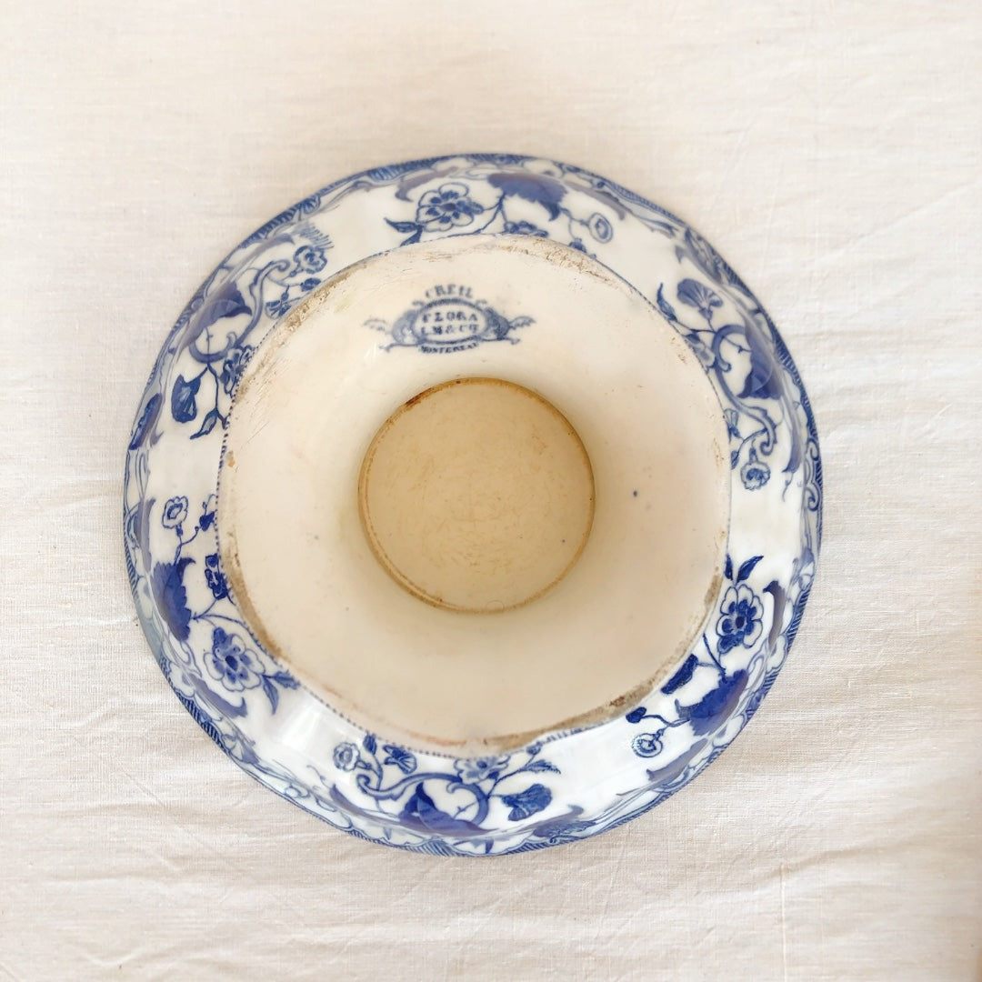 フランスアンティーククレイユモントロー サラディエ コンポティエ コンポ―ト皿『フローラ』ブルー アンティーク食器 フランスブロカント・蚤の市