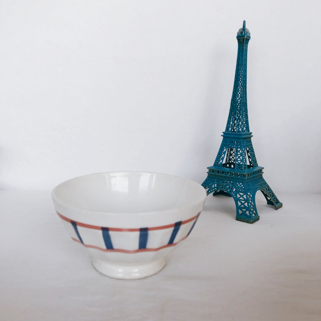 ご予約 バスク柄 カフェオレボール「レッドxブルー」A フランスアンティーク食器 ブロカント 蚤の市