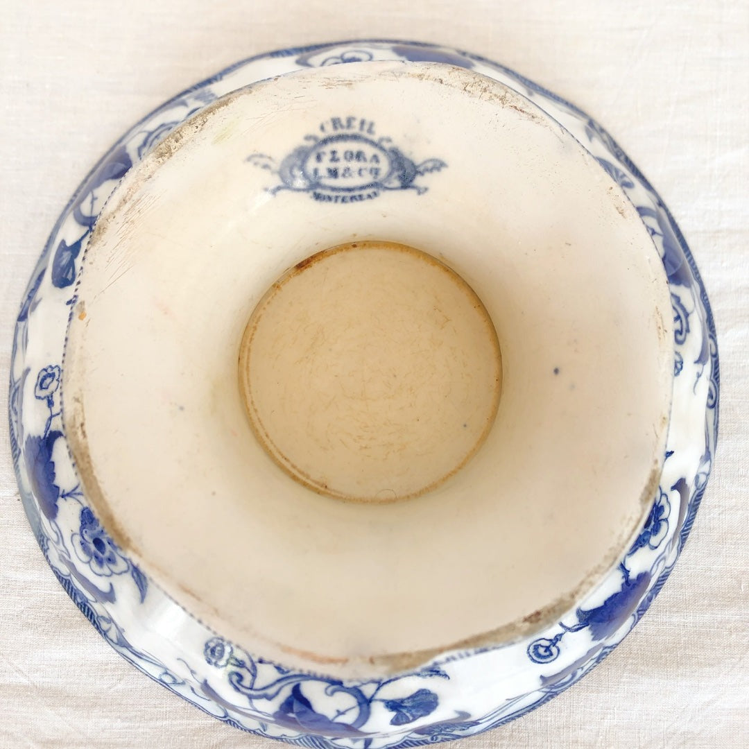 フランスアンティーククレイユモントロー サラディエ コンポティエ コンポ―ト皿『フローラ』ブルー アンティーク食器 フランスブロカント・蚤の市