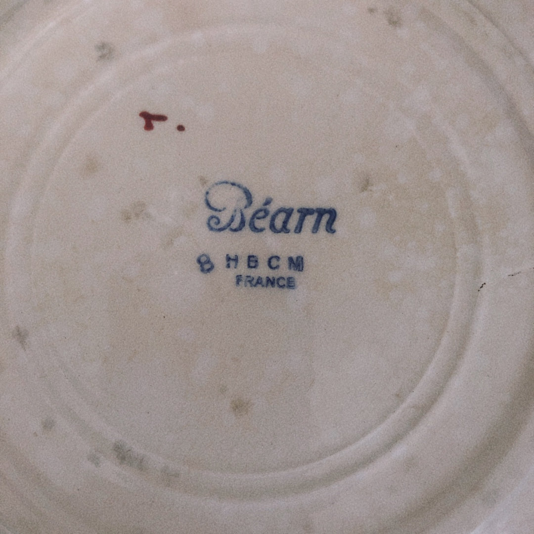 クレイユエモントロー HBCM Béarn デザートープレート/平皿 バスク柄 E「ボルドーxダークブルー」フランスアンティーク食器 ブロカント 蚤の市