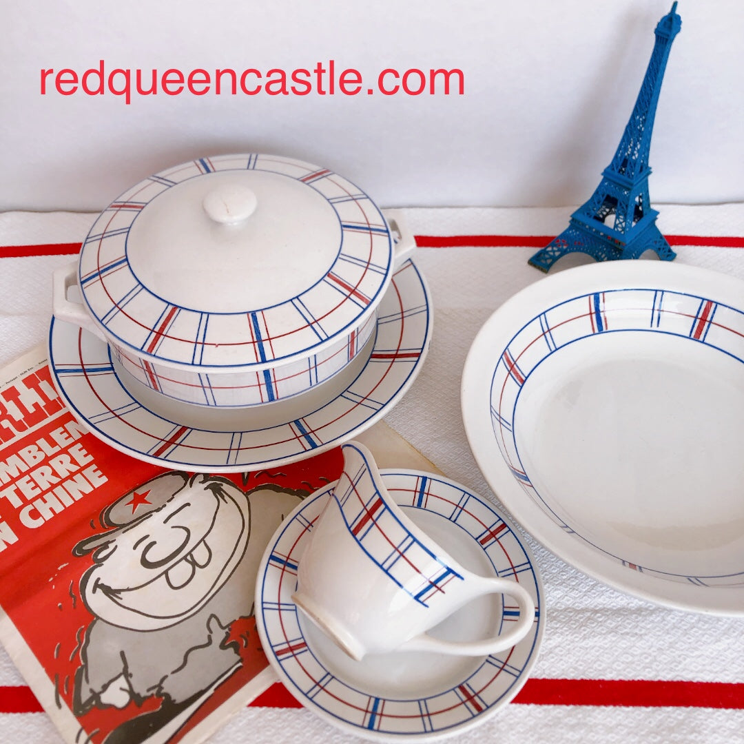 リュネビル バスク柄 大皿/大深皿/サラディエ トリコロールカラー フランスアンティーク食器 ブロカント 蚤の市