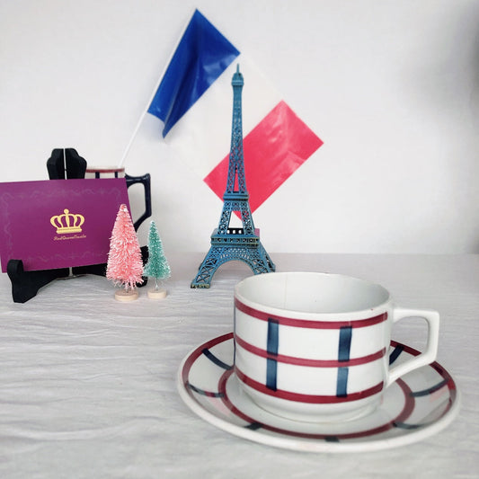 ご予約 クレイユモントロー HBCM Béarn バスク柄 カップ&ソーサー「ボルドー・ダークブルー」3点セット追加分 フランスアンティーク・食器・皿・プレート ブロカント