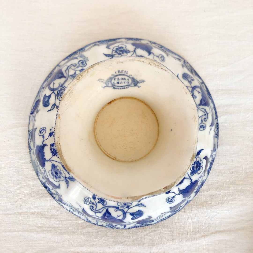 フランスアンティーククレイユモントロー サラディエ コンポティエ コンポ―ト皿『フローラ』ブルー アンティーク食器 フランスブロカント・蚤の市