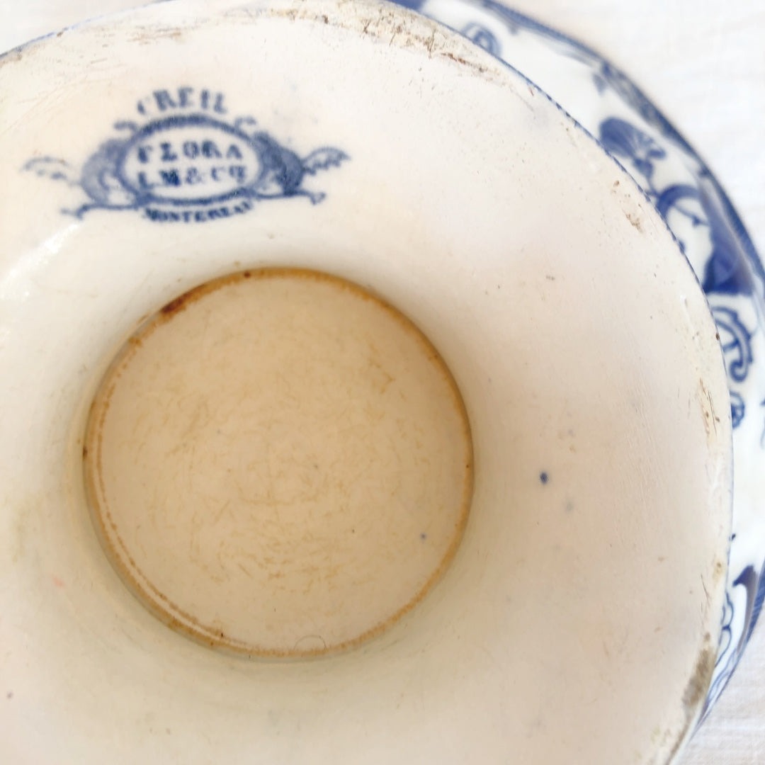 フランスアンティーククレイユモントロー サラディエ コンポティエ コンポ―ト皿『フローラ』ブルー アンティーク食器 フランスブロカント・蚤の市
